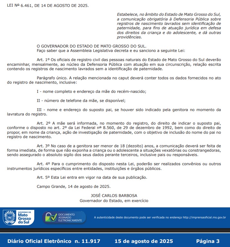 Lei Cartorios Avisam Defensoria sobre paternidade certidao